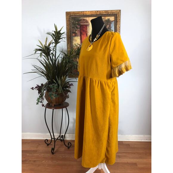 Roolee Dress Women Large Yellow Lace Sleeve Midi Modest Boho Casual Lined - Picture 4 of 12